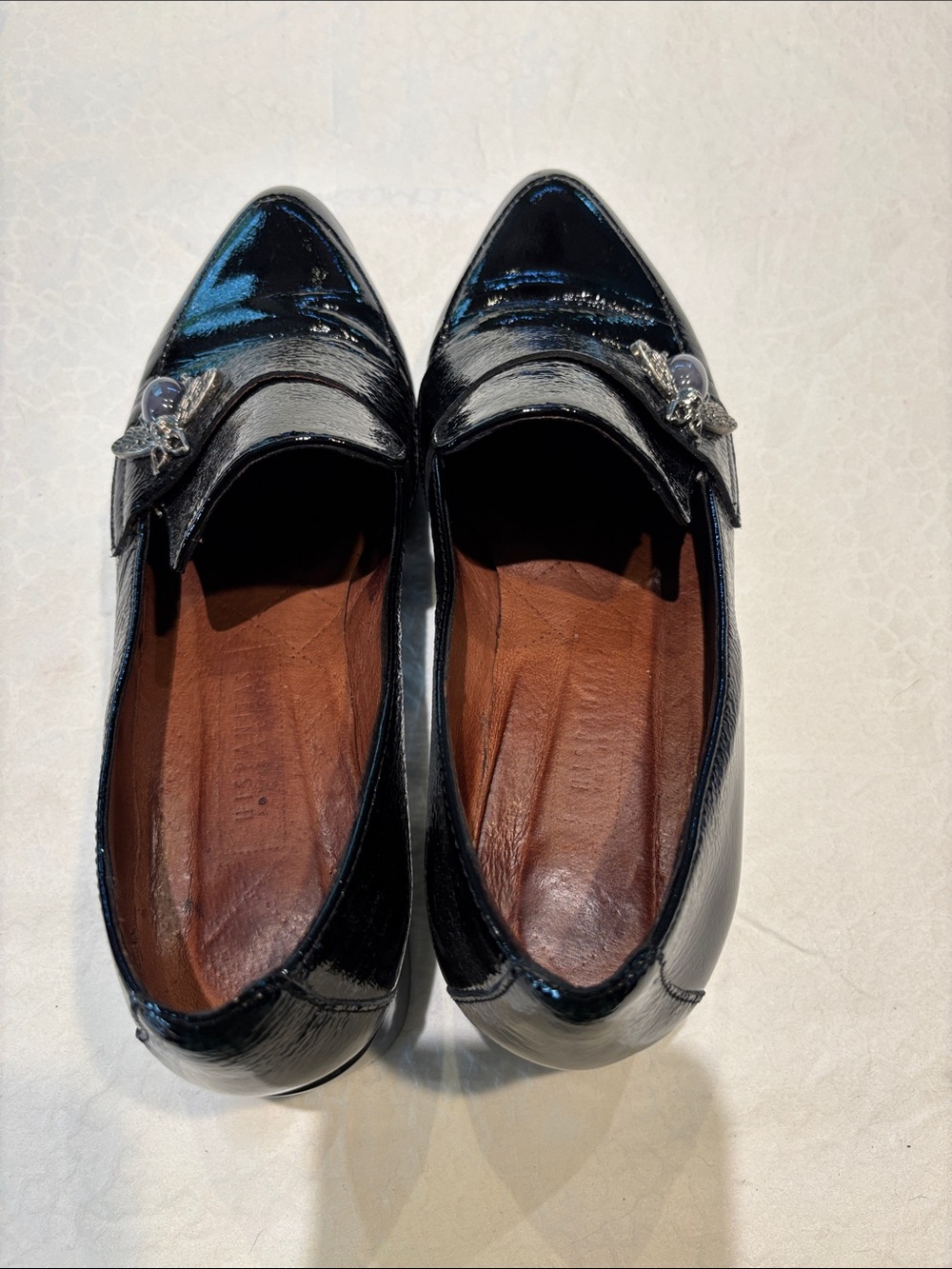 Black Patent Leather Pointed Loafers with Bee Accent by Hispanita - Picture 11 of 14